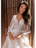 Long Sleeve Beaded Ivory Lace Cathedral Wedding Dress